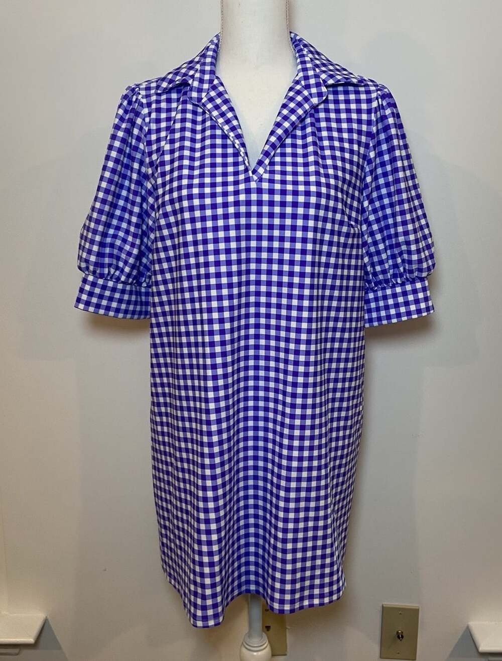 Jude Connally Emerson Dress Puff Sleeve Collar Preppy Stretch Blue Gingham M